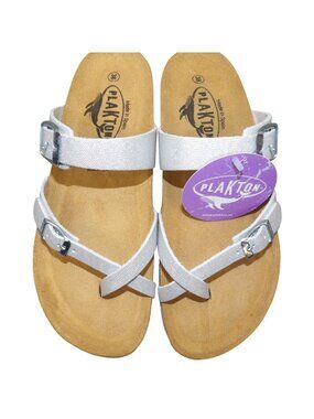 Plakton Women's Bombay Sandals Silver Buckle Memory Cushion Comfort Size 7 EU 38
